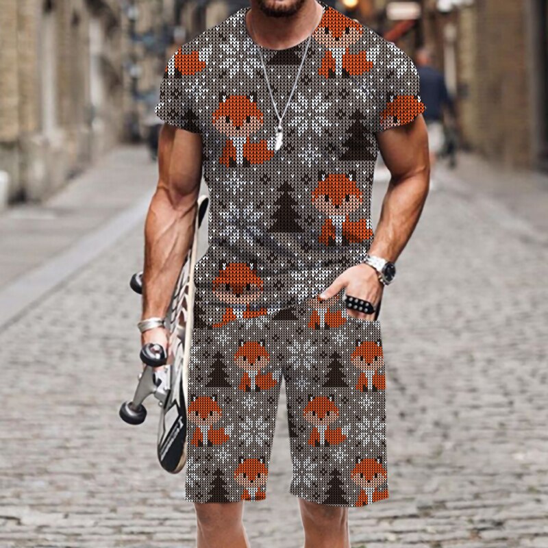 Men&s T-shirt Shorts Set Short Sleeve Christmas Pattern Beach Spring Autumn Street 3D Printed Luxury O Neck Harajuku